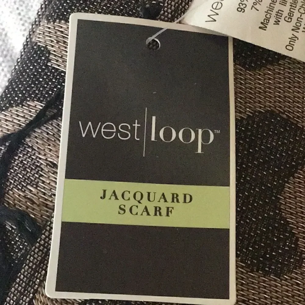 West Loop Black Taupe Metallic Leopard Print Jacquard Fringe Scarf NEW